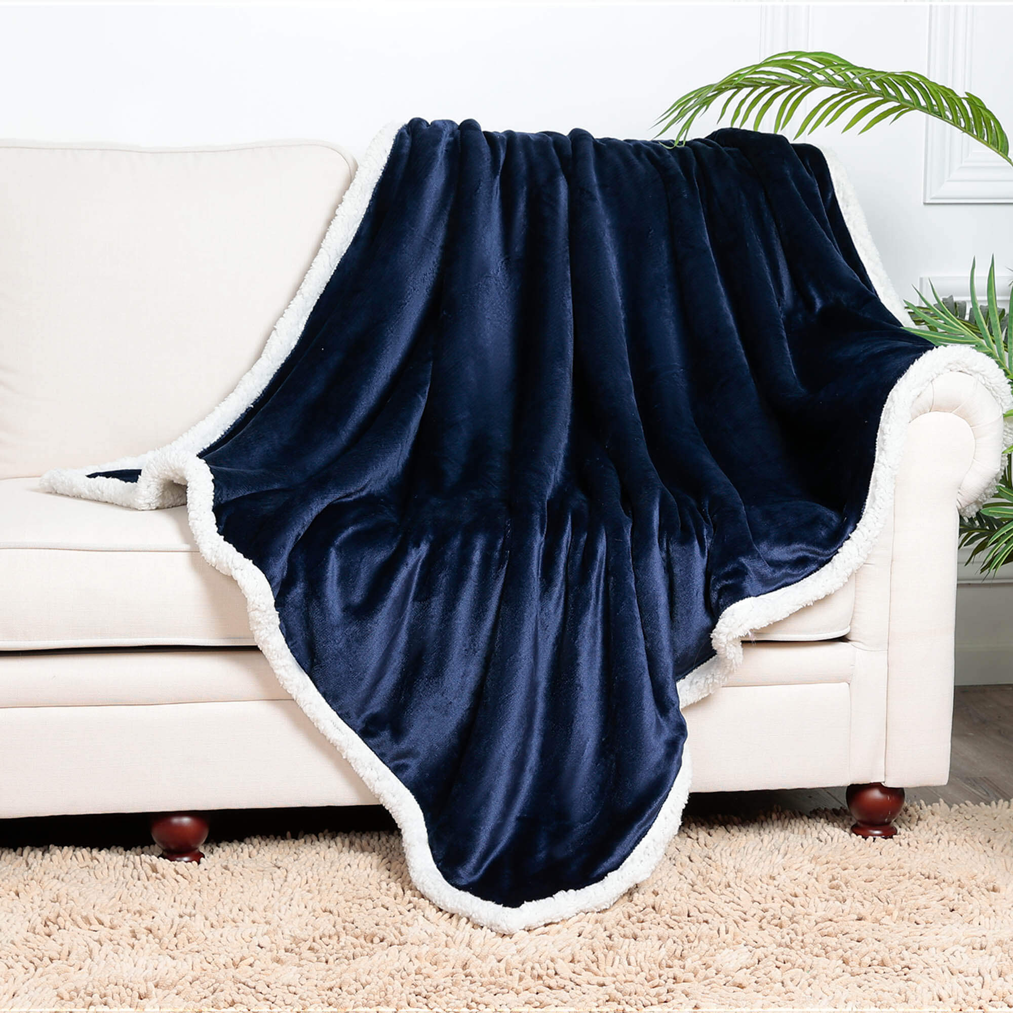 Sherpa Edge Blankets Navy Blue - NANPIPERHOME