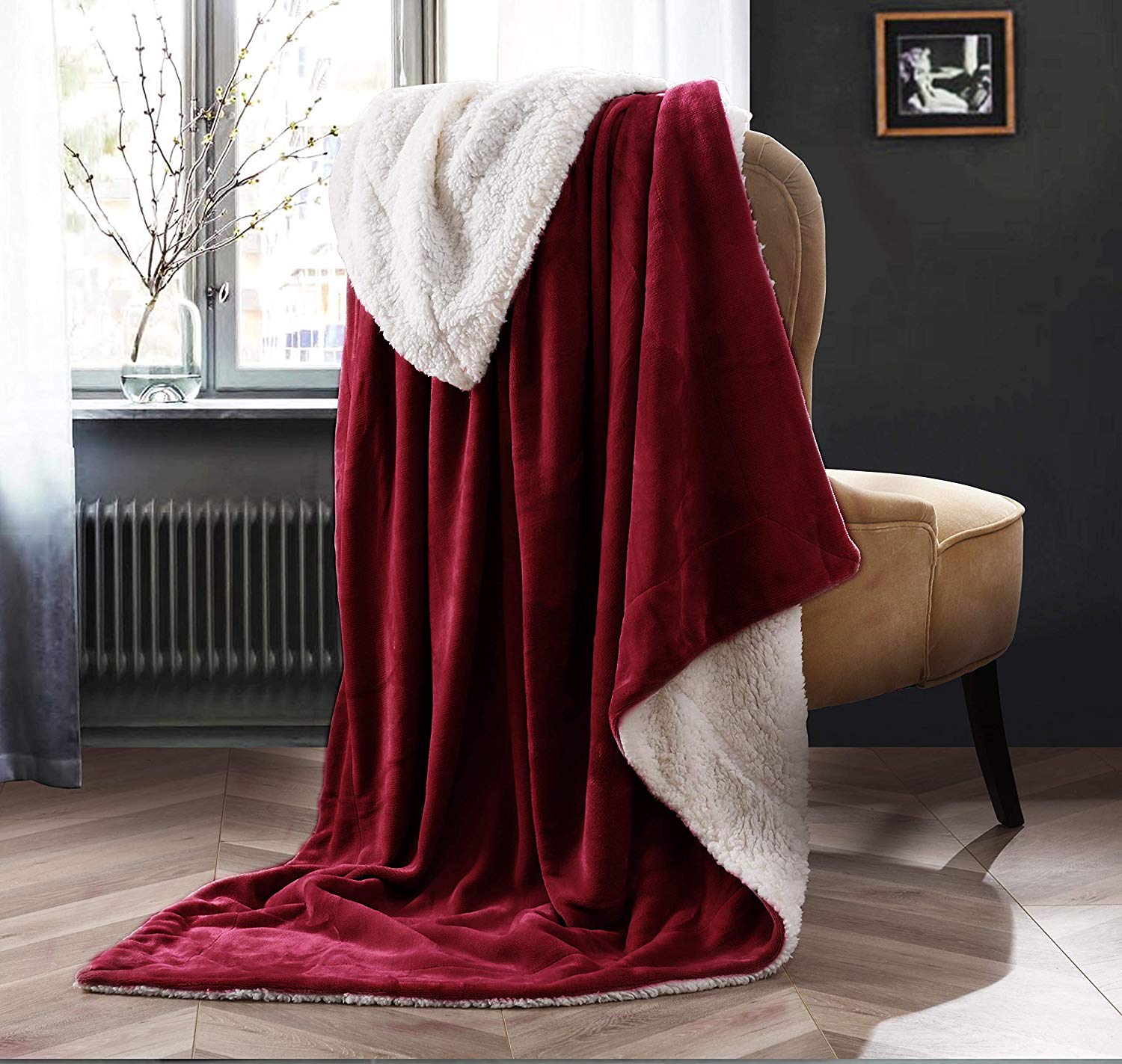 Sherpa Blanket Throw Blankets Wine Red - NANPIPERHOME